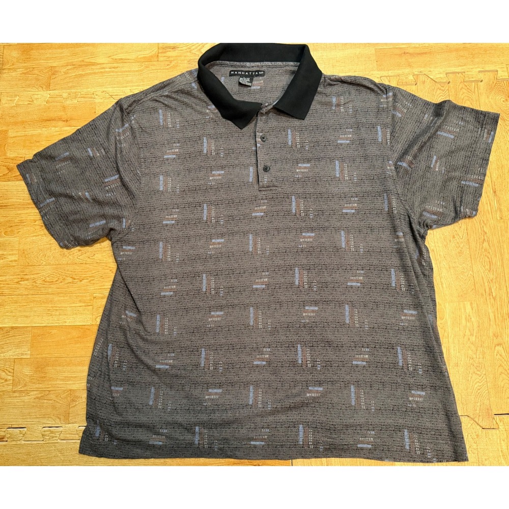 Manhattan Mens XL Grey Geometric Print Polo Shirt Retro Cotton Short Sleeve